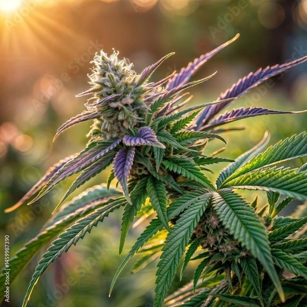 Obraz Marijuana Plant in Sunlight. Close-up of a vibrant cannabis plant bud with sun shining through, showcasing its leaves and flower.