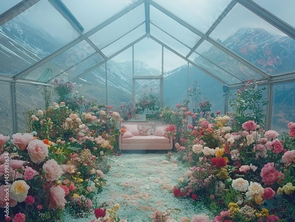 Obraz Serene glasshouse filled with blooming roses, overlooking a mountain vista; a pastel-pink sofa sits invitingly in the center