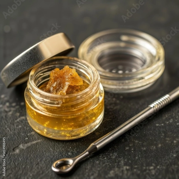 Obraz Cannabis concentrate. Close-up of marijuana wax extract in small glass container with metal dabbing tool.