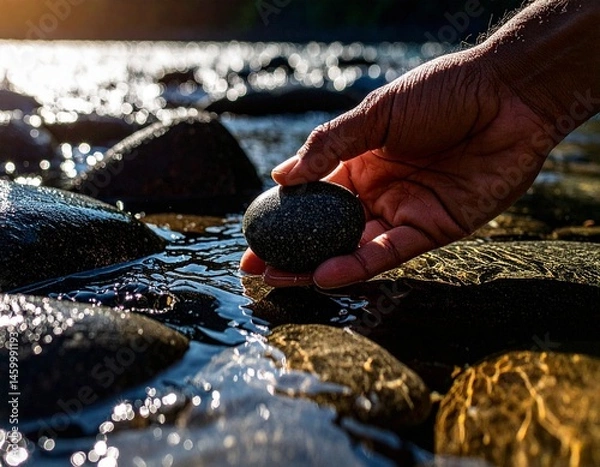 Obraz Close-up of hand in water holding flat skipping stone