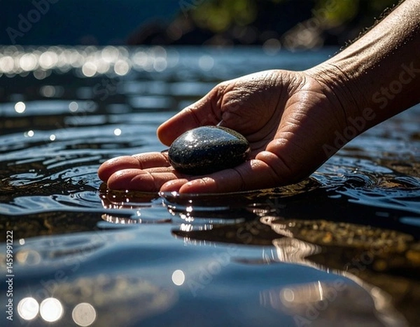 Obraz Close-up of hand in water holding flat skipping stone