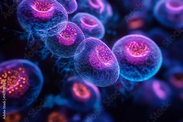 Fototapeta Abstract visual of digital microscope scanning cells bioinformatics analysis modern clean scientific art