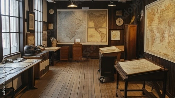 Fototapeta A history classroom with ancient maps and historical artifacts on display --ar 16:9 --v 6.1 Job ID: 7765efeb-41a1-4ae5-bf6a-7ca85a42da9e