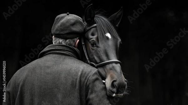 Fototapeta A horse resting its head against its ownerâ€™s shoulder, deep companionship --ar 16:9 --v 6.1 Job ID: b180ea1a-d66b-4ed8-8f3a-d8c9cd2c04ee