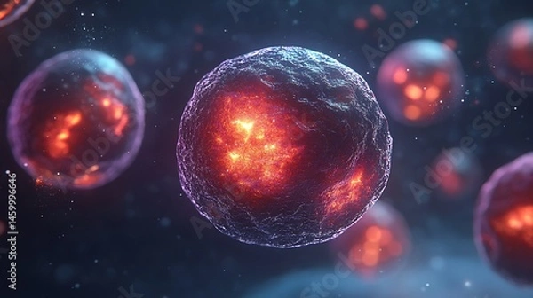 Fototapeta Abstract glowing cell nucleus bio informatics overlays highlighting mutation points scientific visual