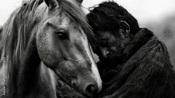 Fototapeta A horse resting its head against its ownerâ€™s shoulder, deep companionship --ar 16:9 --v 6.1 Job ID: b180ea1a-d66b-4ed8-8f3a-d8c9cd2c04ee