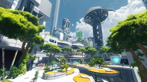 Fototapeta A hyper-futuristic financial district where all transactions happen in the metaverse --ar 16:9 --v 6.1 Job ID: fb442914-3433-4cf8-bcfd-c35bef7e778e