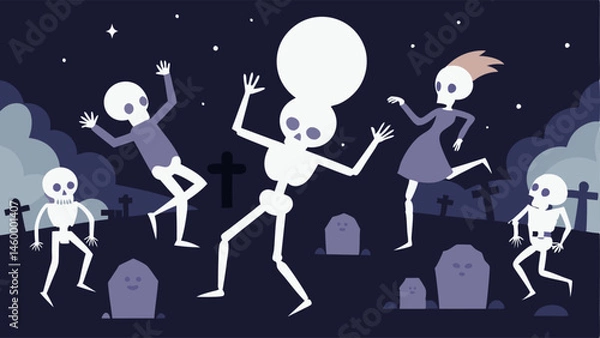 Fototapeta Skeletons Grooving A lively scene in a dark moonlit graveyard featuring several joyful skeletons dancing energetically. Each skeleton strikes a different pose showcasing a variety