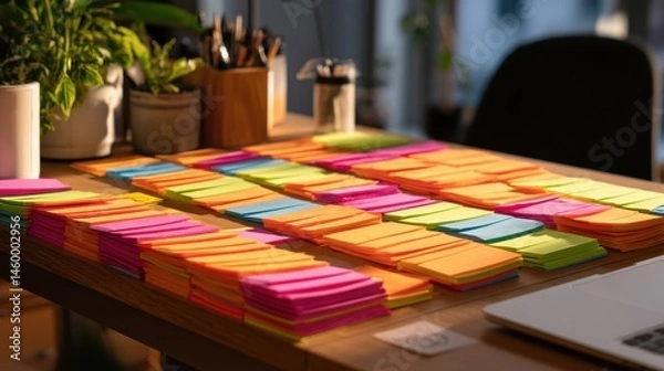 Obraz Organized Desk with Colorful Sticky Notes