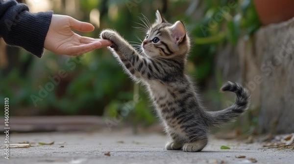 Fototapeta A kitten playfully pawing at its ownerâ€™s hand, cute and loving interaction --ar 16:9 --v 6.1 Job ID: 374d491f-456e-4858-93ff-9c0c25976893