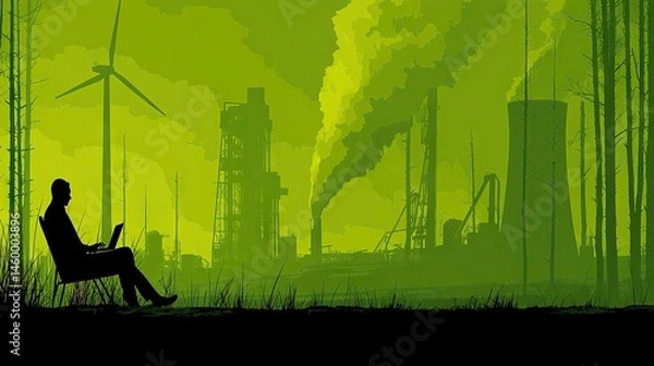 Fototapeta Man Using Laptop Near Factory and Wind Turbine