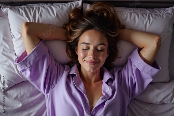 Obraz Aerial shot of a young woman in purple pajamas blissfully asleep in a comfortable bed, radiating relaxation and coziness.
