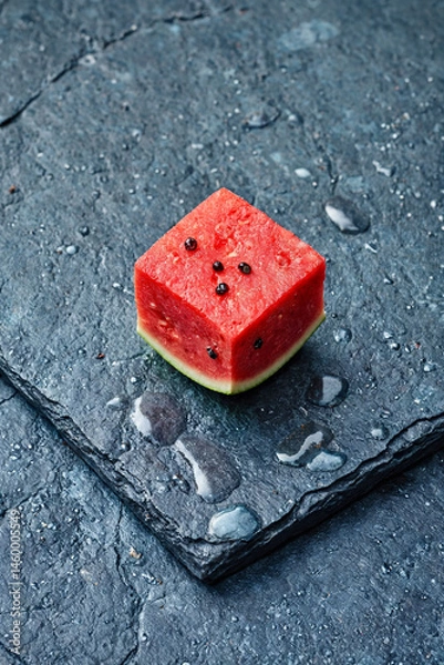 Fototapeta Juicy Watermelon Cube on Wet Slate Stone
