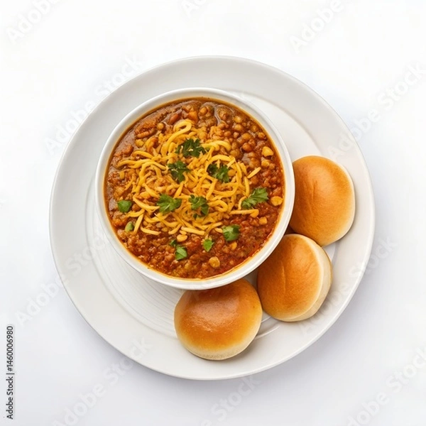 Obraz Spicy Misal Pav—Maharashtrian Street Food Featuring Sprouted Bean Curry with Crunchy Farsan, Fresh Garnishes, and Buttered Pav