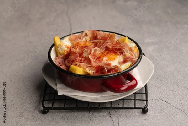 Obraz Pan with potatoes, ham and egg