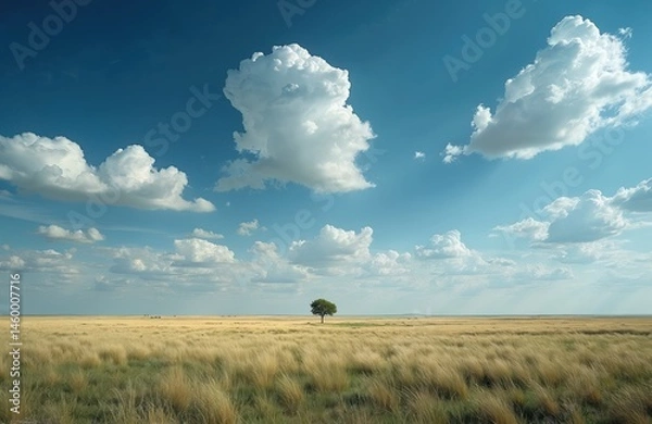 Fototapeta Scenic prairie landscape with tree under vast blue sky. Golden fields, fluffy clouds, horizon view. Rural scene, nature, travel, environment, background. Midwest, summer, open space.