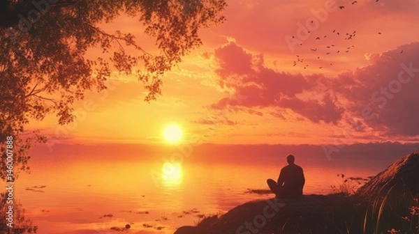 Fototapeta A man enjoying a peaceful sunset alone, content and happy --ar 16:9 --v 6.1 Job ID: adadbdcf-8027-406f-a34d-c29e7ba08d8b