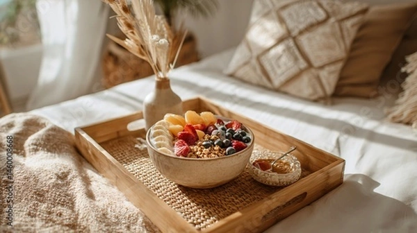 Obraz Healthy breakfast in bed, smoothie bowl with colorful fruits, bamboo tray, natural lighting, minimal boho room decor