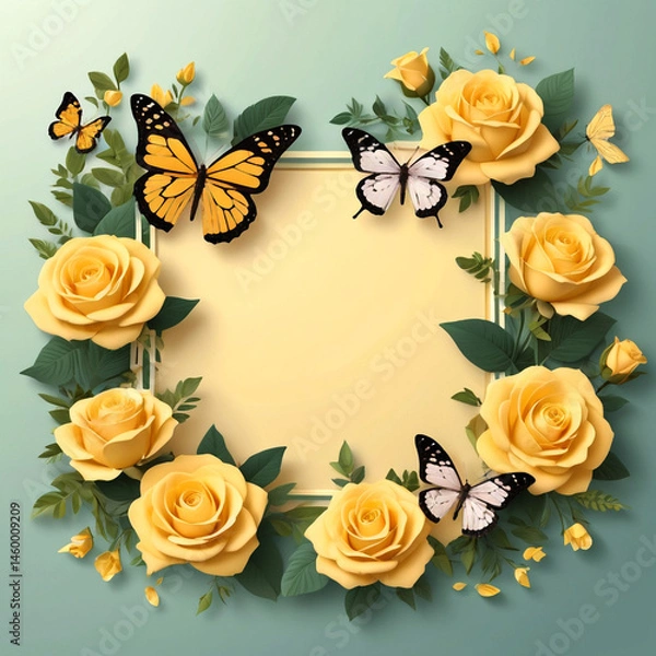 Obraz Bright Yellow Rose and Butterfly Frame, Ideal for Crafting Heartfelt Notes or Whimsical Friendship Cards