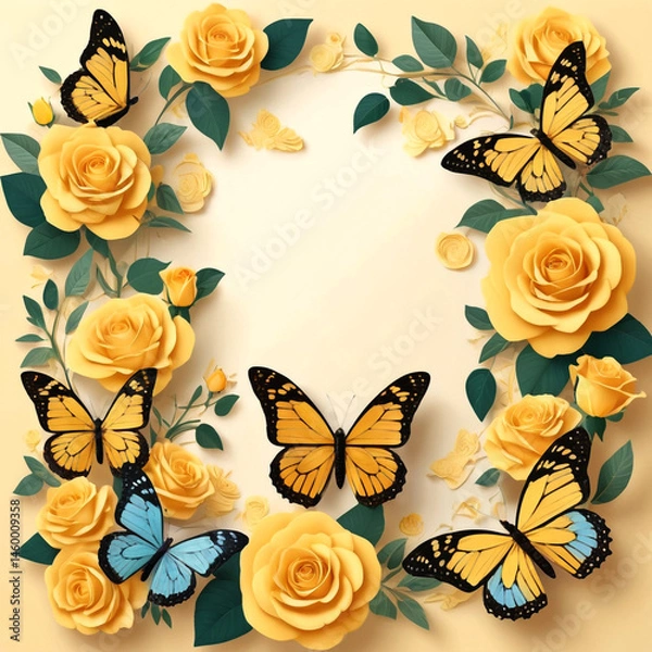 Obraz Radiant Yellow Rose and Butterfly Frame: Perfect for Crafting Whimsical or Sentimental Cards