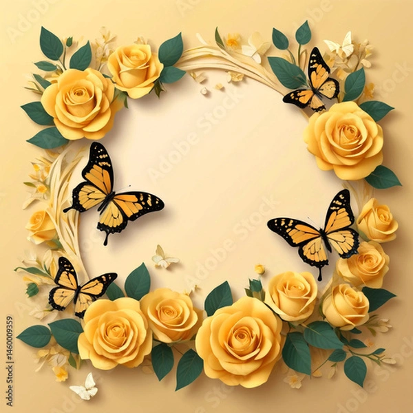 Obraz Golden Rose and Butterfly Wreath Frame, Ideal for Crafting Heartfelt Notes or Whimsical Friendship Cards
