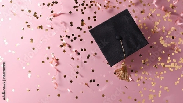 Obraz Flat lay of graduation cap and confetti, soft pink background, clean modern celebration concept