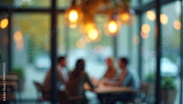 Fototapeta Blurred image people meeting at table cafe, modern setting. Business professionals discussing project, team work indoors. Group colleagues, employees talking strategy, making deal, sharing ideas,