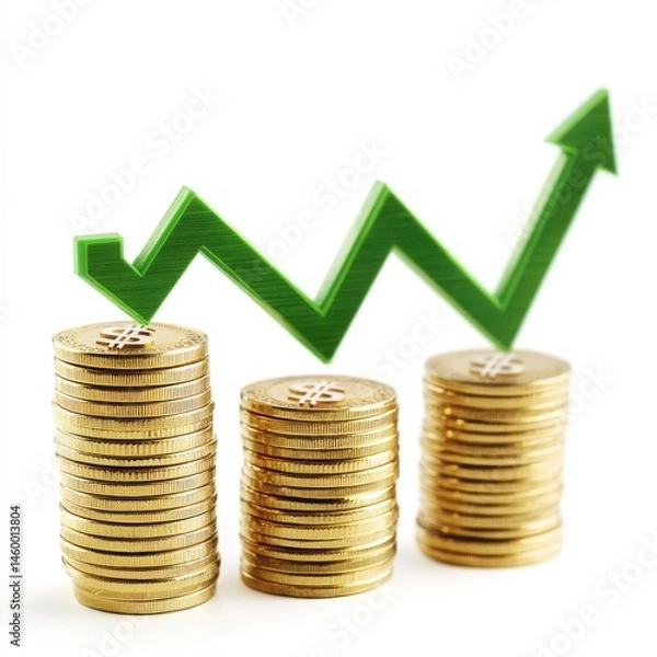 Fototapeta Stacks of coins with green arrow on a white background