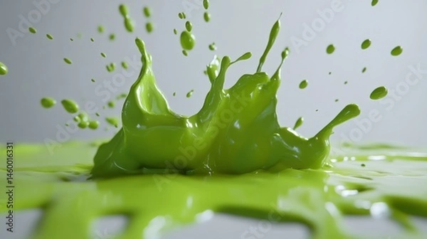 Fototapeta A splash of green paint on a white background. The paint is thick and has a lot of texture, giving the impression of a large splash. The green color is vibrant and bold, creating a sense of energy