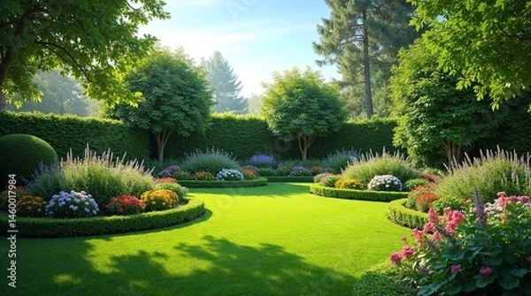 Fototapeta Lush garden landscape featuring vibrant flowers and trees  