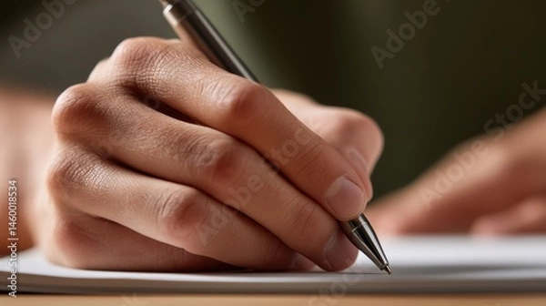 Fototapeta Hand with Pen Writing on Paper Desk Surface Close Up View Office Work Task Study Education and Learning