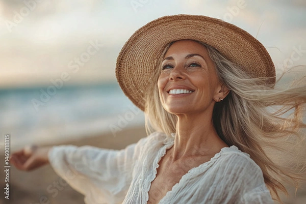 Obraz Joyful mature woman in a serene beach setting at sunset, embracing life's beauty with open arms and a beaming smile, reflecting happiness, peace, and fulfillment.