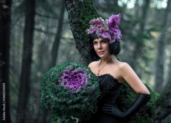 Fototapeta Portrait of a young brunette woman in a creative image. A large head of decorative cabbage and a hat made of cabbage leaves. Art photography.
