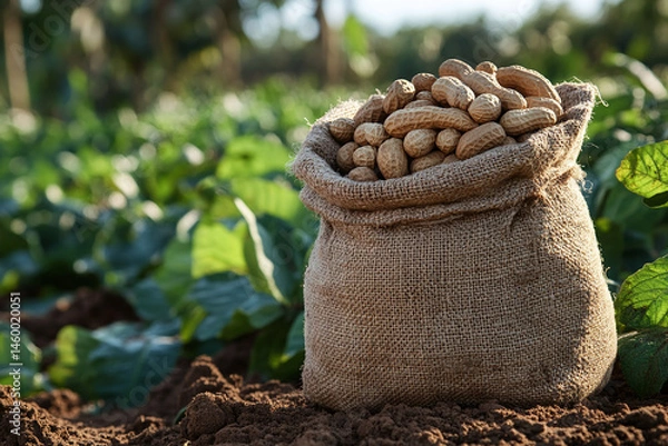 Obraz A burlap sack filled with raw peanuts sits on warm, cultivated soil surrounded by greenery, evoking freshness, abundance, and rural charm.