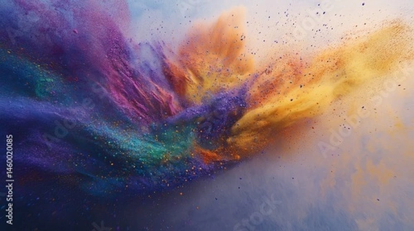 Fototapeta A colorful explosion of paint is splattered across the sky. The colors are vibrant and the scene is chaotic