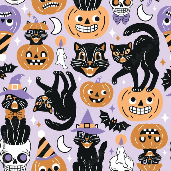 Fototapeta Seamless vector pattern with retro Halloween characters. Hand drawn spooky black cat and Halloween pumpkin illustration. EPS 10 vector file. Perfect for textile, wallpaper or nursery print design.