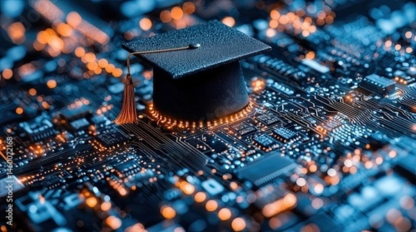 Obraz Graduation cap atop circuit board.  A symbol of technological education