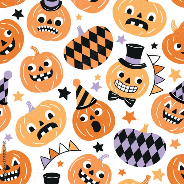 Fototapeta Seamless vector pattern with cute retro Halloween pumpkins. EPS 10 vector file. Perfect for textile, wallpaper or nursery print design.