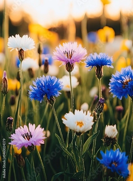 Fototapeta Vibrant wildflowers in a field at sunset