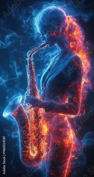 Fototapeta Fiery Saxophonist with Abstract Music.