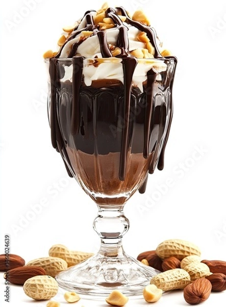 Fototapeta Chocolate peanut dessert in glass.  Rich, decadent, layered dessert featuring chocolate pudding, whipped cream, peanuts, and melted chocolate. Presented in a clear glass bowl