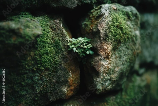 Obraz Nature resilience small plant growing through stone crack urban environment detailed macro photography