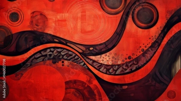 Fototapeta Bold red abstract wallpaper with swirling patterns and geometric shapes in a modern artistic style