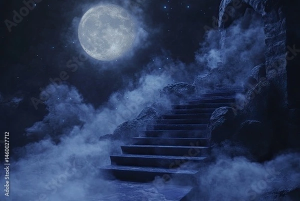 Fototapeta Mystical night stairs leading to an unknown destination under a full moon