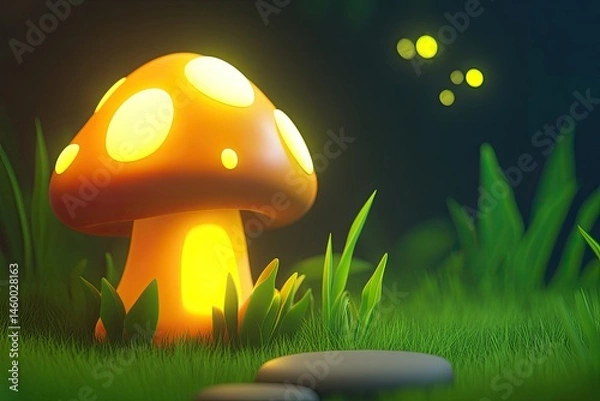 Fototapeta Illuminated mushroom in a grassy field at night