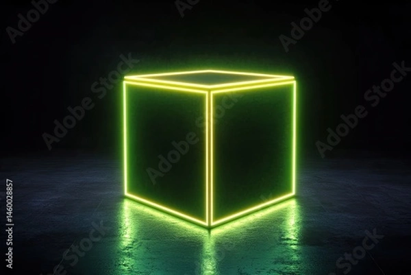 Fototapeta Neon cube on dark reflective surface