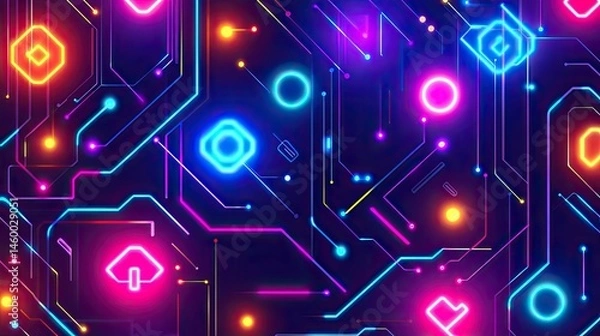 Fototapeta Abstract circuit board pattern with vibrant neon lights