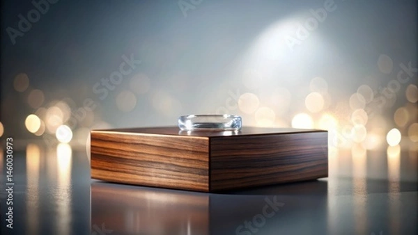 Fototapeta A Clear Ring Rests Upon A Polished Wooden Plinth With A Blurred Background Of Golden Lights