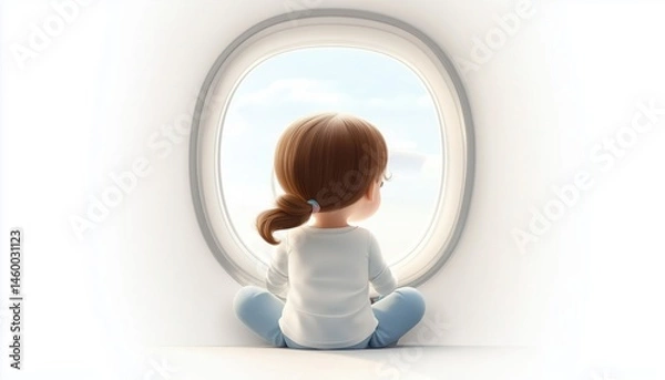 Obraz Charming Little Girl Exploring The World From An Airplane Window Seat. Sweet Child Gazing Out At The View Below.