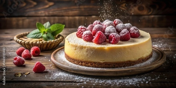 Fototapeta A freshly baked cheesecake topped with a dusting of powdered sugar and a crown of bright red raspberries, presented on a rustic wooden table with scattered sugar crystals and a hint of fresh mint.